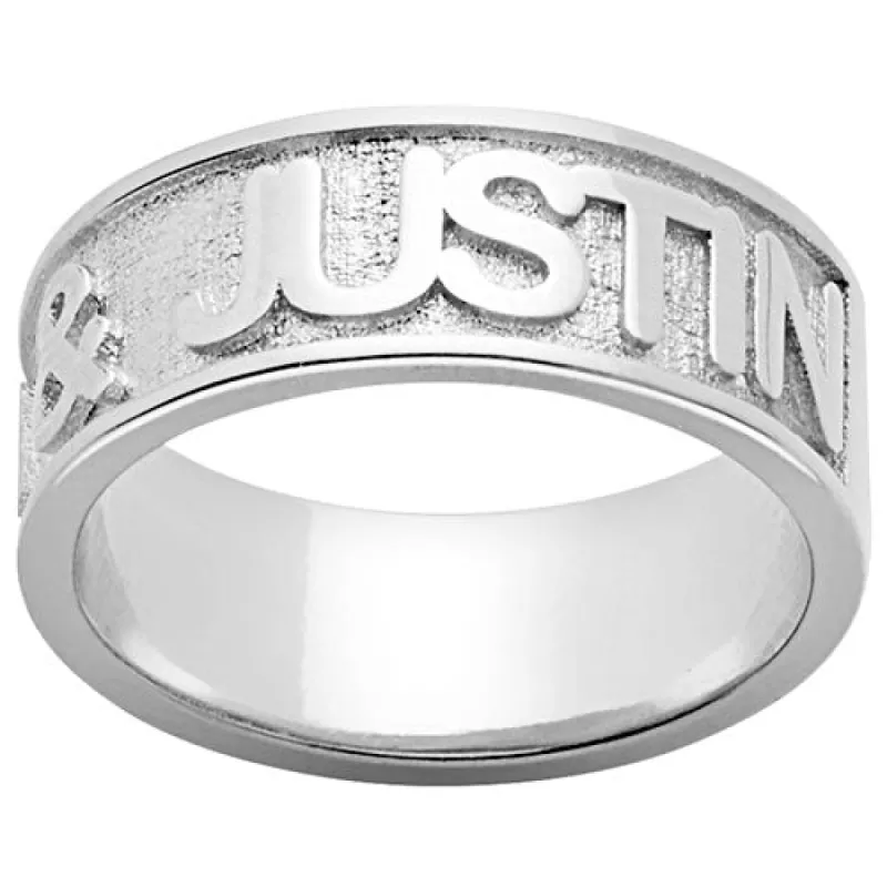 Silver Plated Embossed Double Name Band Ring sold by Limoges Jewelry