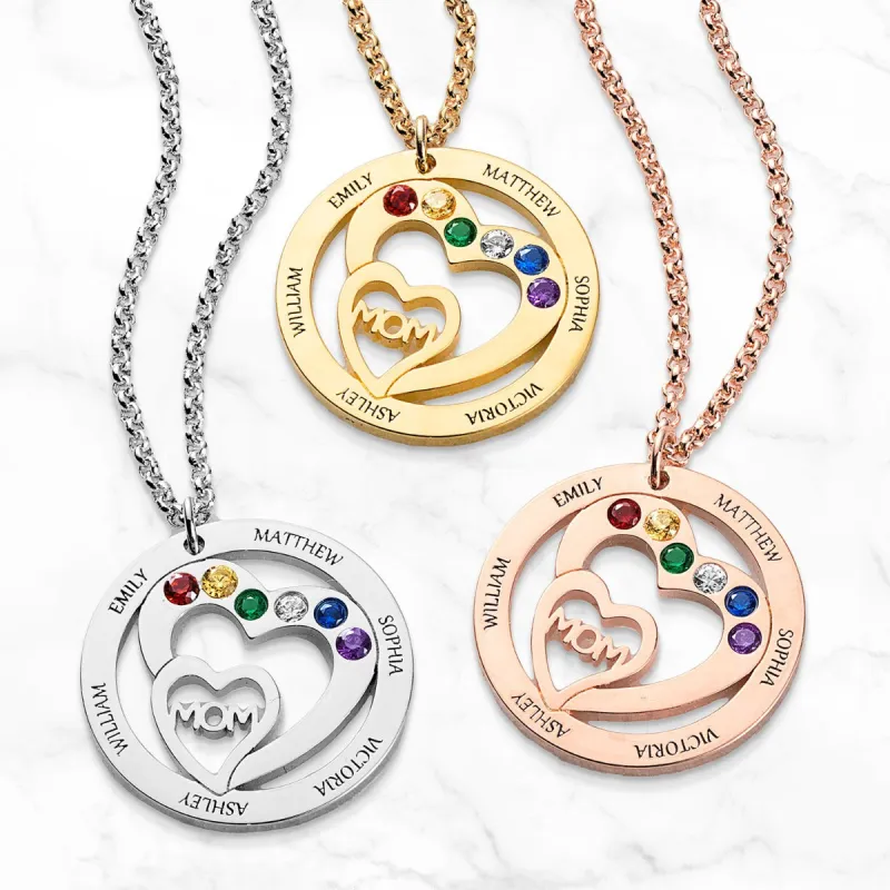 Personalized Plated Engraved Name and Birthstone with Mom Heart Necklace sold by Limoges Jewelry