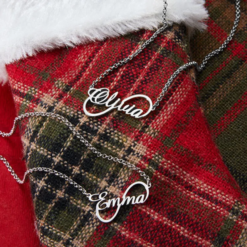 Sterling Silver Script Infinity Name Pendant with Free Mini Stocking sold by Limoges Jewelry