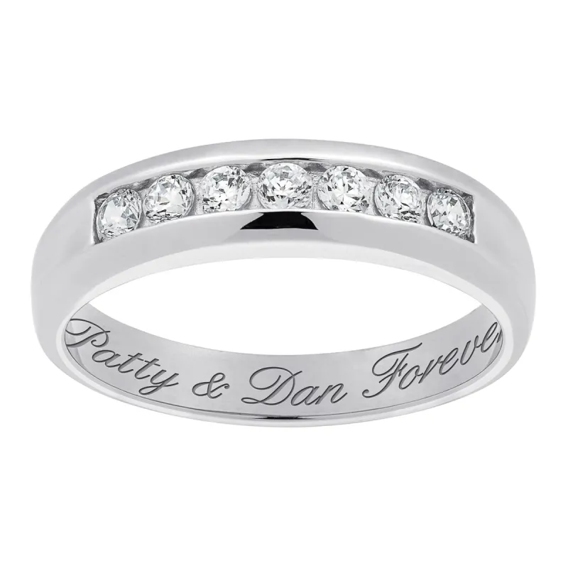 Mens Sterling Silver Engraved CZ Wedding Band sold by Limoges Jewelry