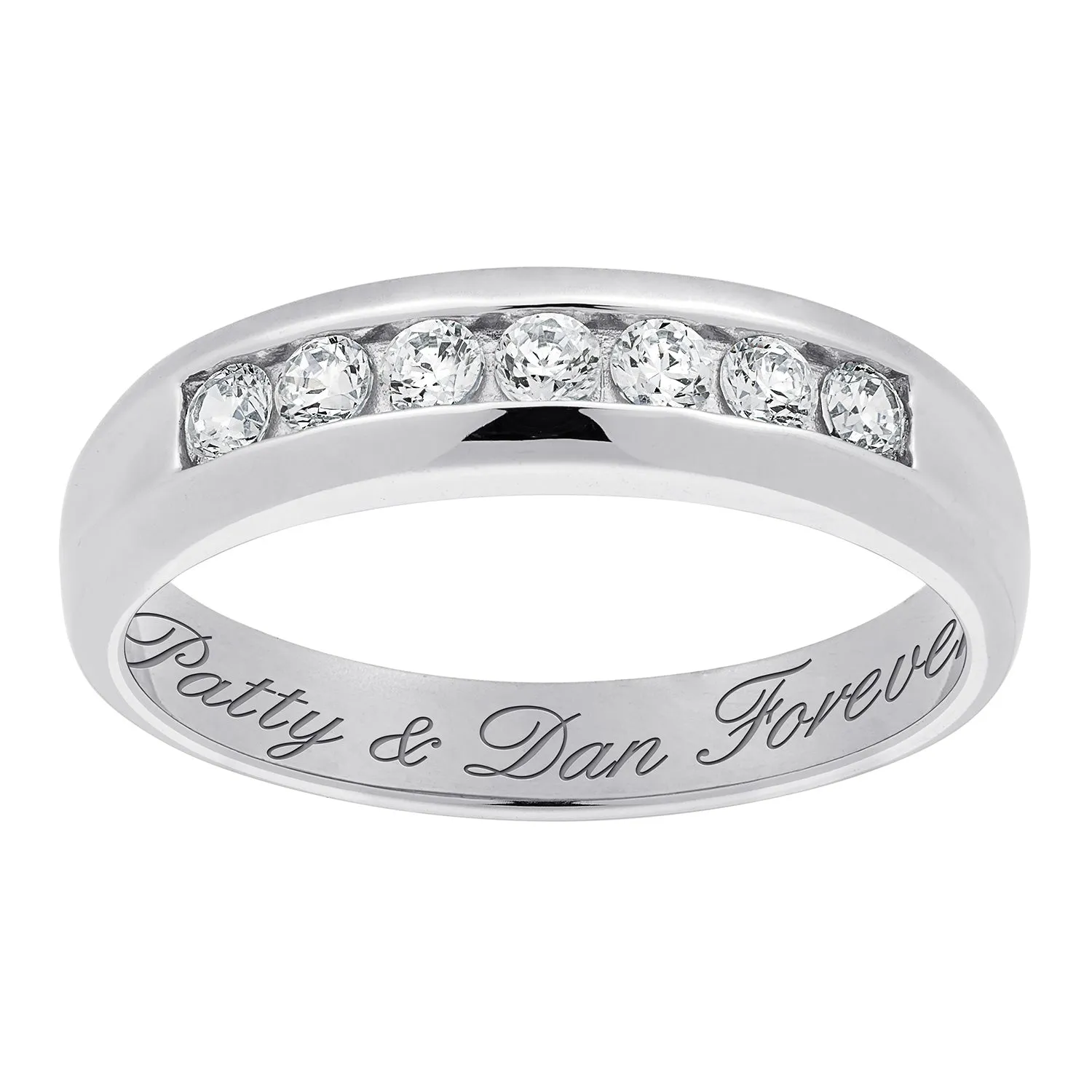 Mens Sterling Silver Engraved CZ Wedding Band sold by Limoges Jewelry