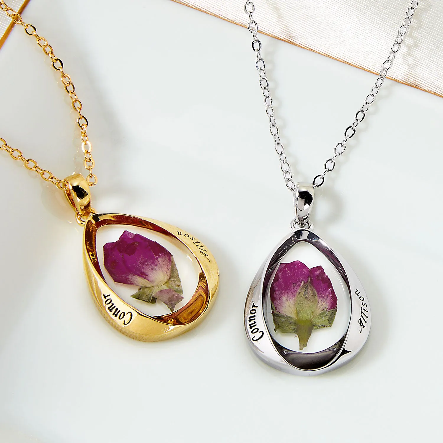 Engraved Dried Flower Teardrop Pendant Necklace sold by Limoges Jewelry