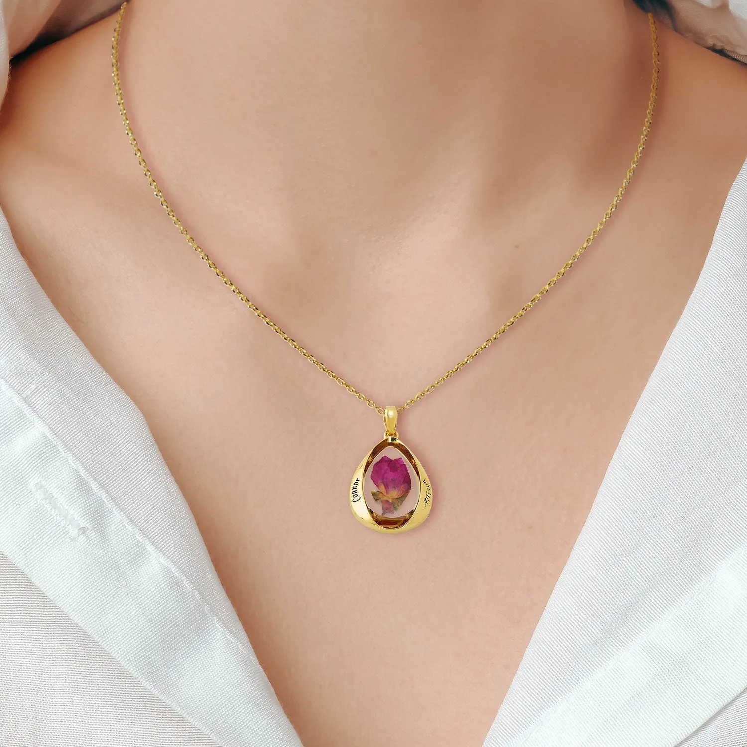 Engraved Dried Flower Teardrop Pendant Necklace sold by Limoges Jewelry product image thumbnail 3