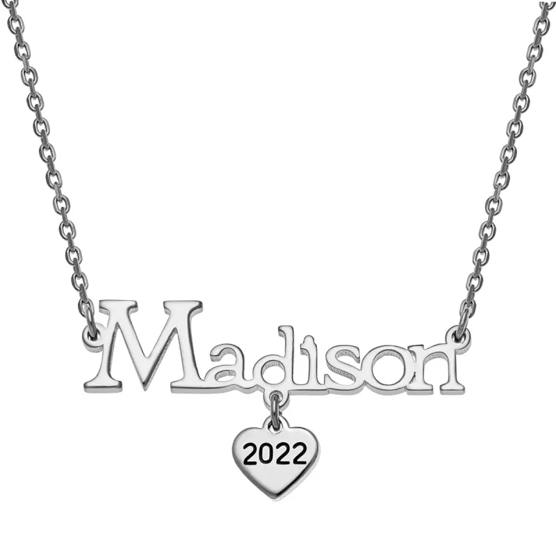 Sterling Silver Graduation Name with Heart Charm Necklace sold by Limoges Jewelry