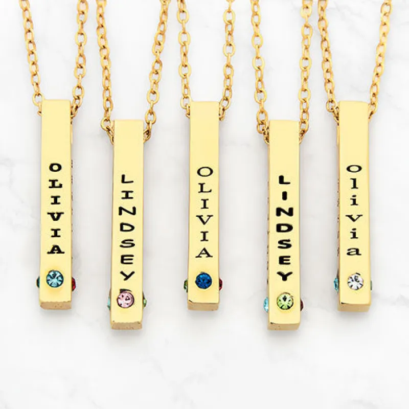 Sterling Silver Vertical 4-Sided Engraved Family Name and Birthstone Necklace sold by Limoges Jewelry