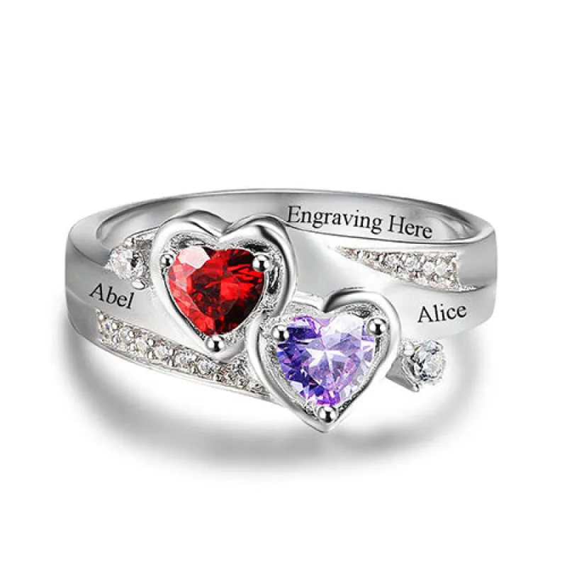 Sterling Silver Engraved Double Heart Birthstone and CZ Ring sold by Limoges Jewelry