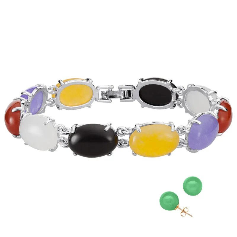 Multicolor Genuine Jade 8" Bracelet with Jade Earrings sold by Limoges Jewelry