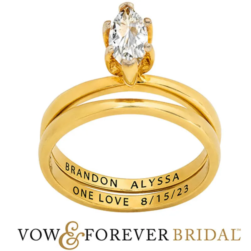 14K Gold over Sterling  Marquise White Topaz 2-Piece Engraved Wedding Ring Set sold by Limoges Jewelry