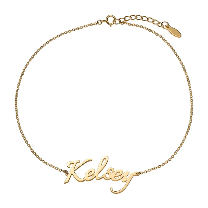 14K Gold over Sterling Script Name Anklet sold by Limoges Jewelry