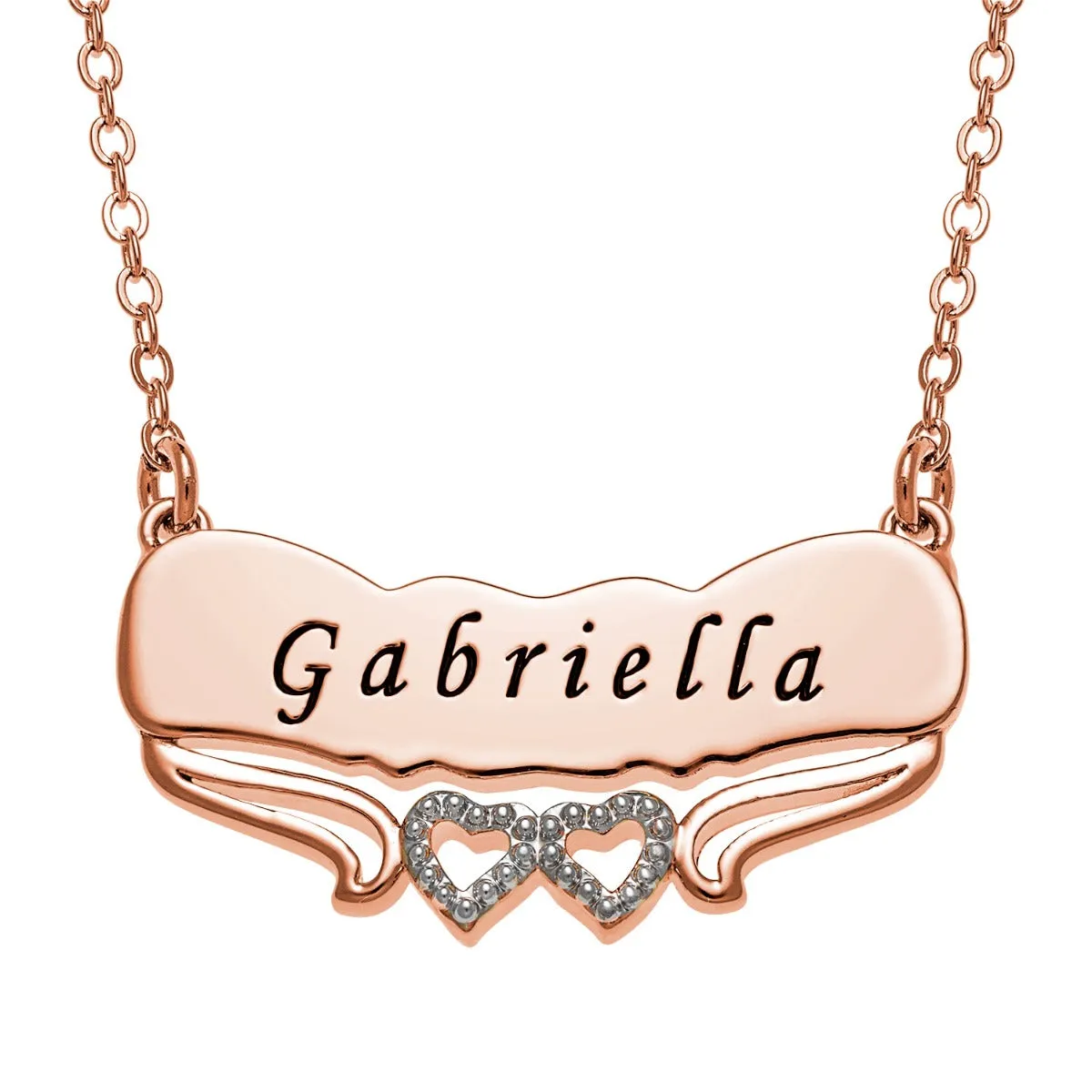 Two Tone Engraved Name with Double Hearts Plaque Necklace sold by Limoges Jewelry