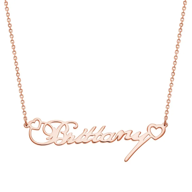 14K Rose Gold over Sterling Fancy Script Name with Hearts Necklace sold by Limoges Jewelry