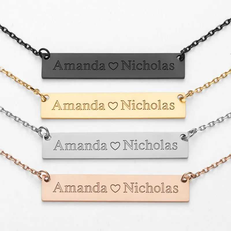 Stainless Steel Double Name with Heart Bar Necklace sold by Limoges Jewelry