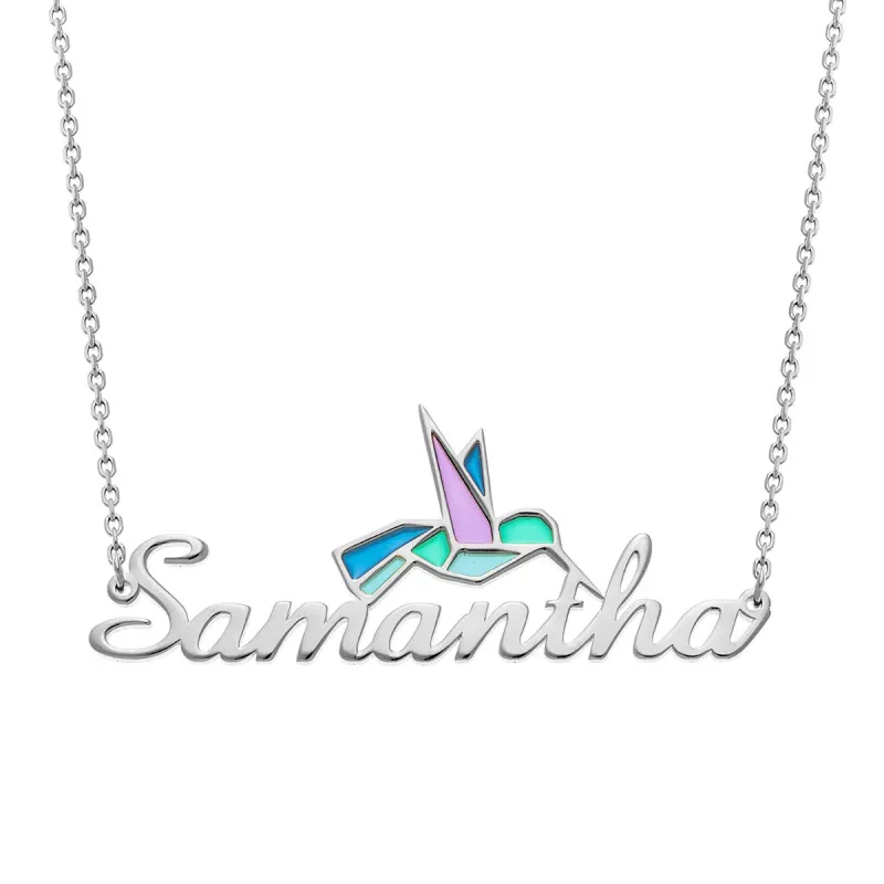 Script Name with Enamel Hummingbird Necklace sold by Limoges Jewelry