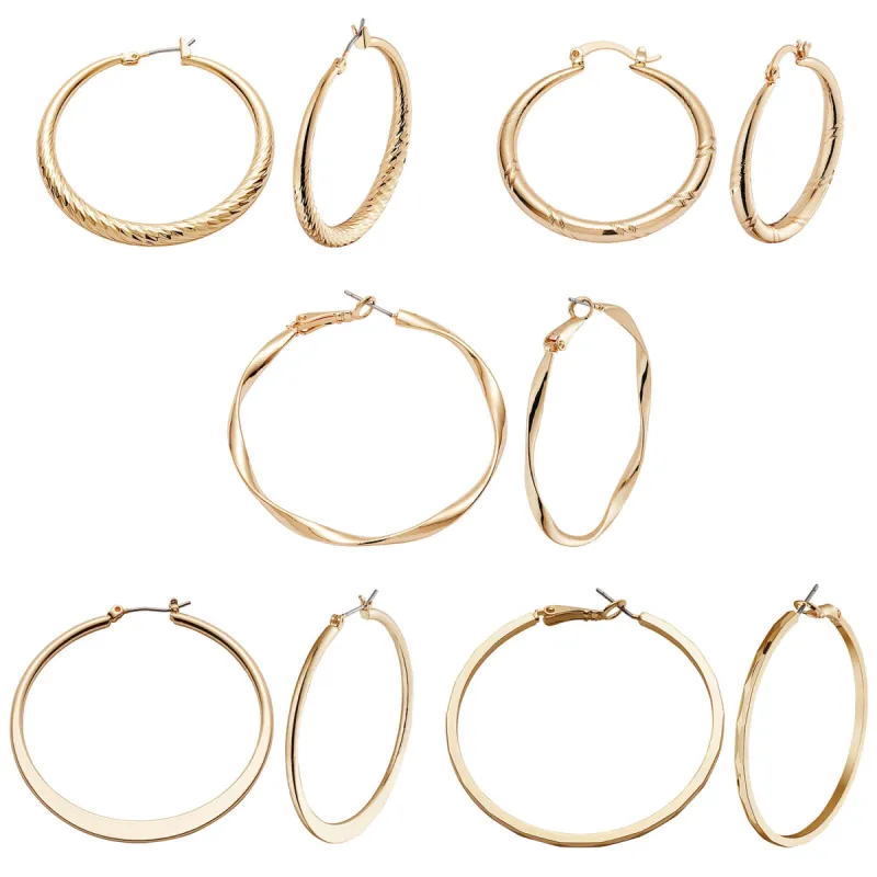 5 Pair Textured Fashion Hoop Earrings Set sold by Limoges Jewelry