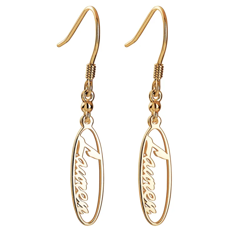 14K Gold over Sterling Oval Name Dangle Earrings sold by Limoges Jewelry