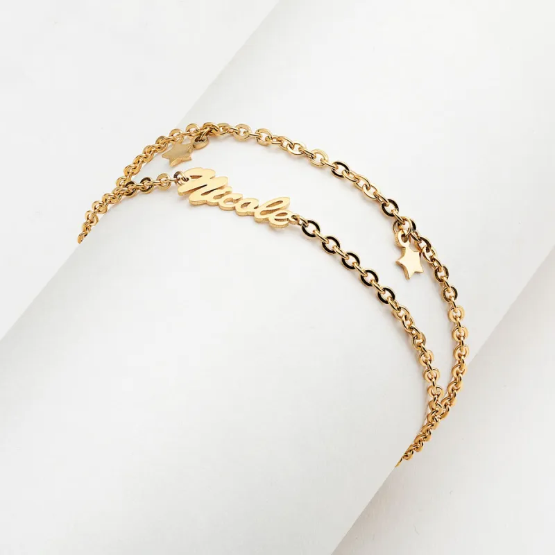 Gold Stainless Steel Double Chain Star Charm and Name Bracelet sold by Limoges Jewelry