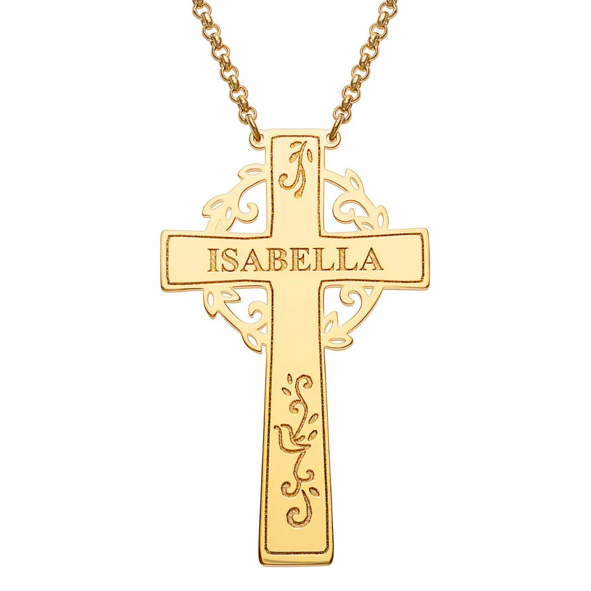 14K Gold Plated Engraved Name Cross with Vines Necklace sold by Limoges Jewelry
