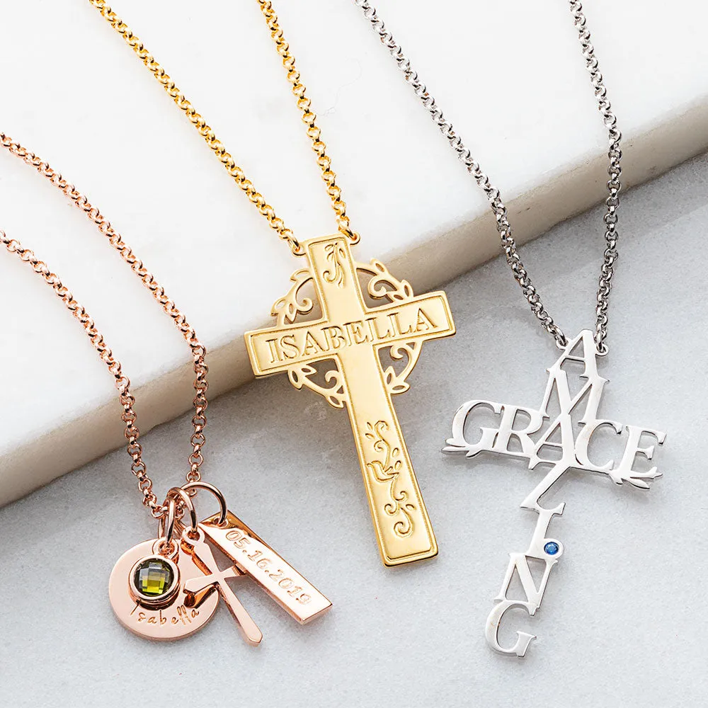 14K Gold Plated Engraved Name Cross with Vines Necklace sold by Limoges Jewelry product image thumbnail 3