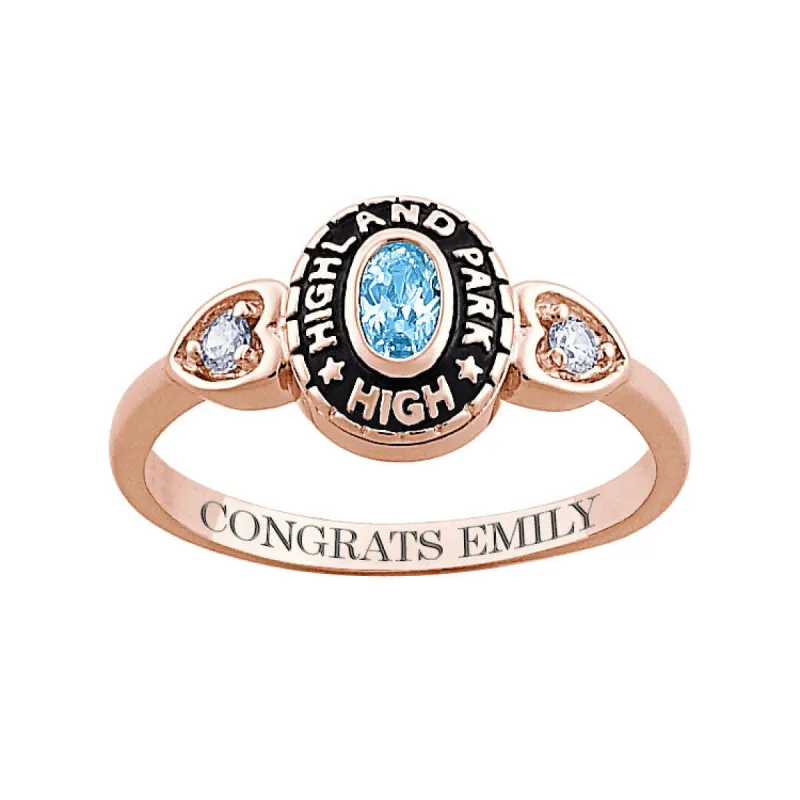 Ladies 14K Rose Gold over Sterling Traditional Oval Birthstone and CZ Heart Class Ring sold by Limoges Jewelry