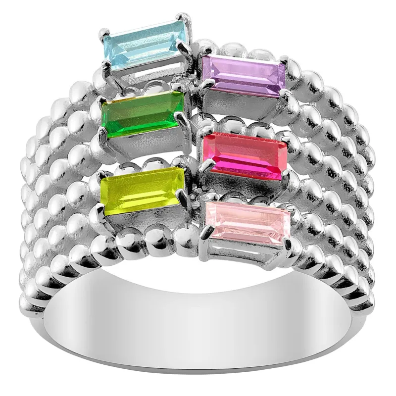 Silver Plated Family Birthstone and Diamond Accent Faux Stack Ring sold by Limoges Jewelry