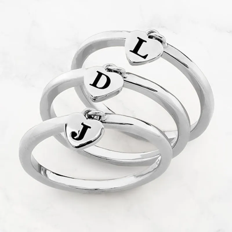 Rhodium Plated Stackable Initial Heart Charm Ring - Set of 3 sold by Limoges Jewelry