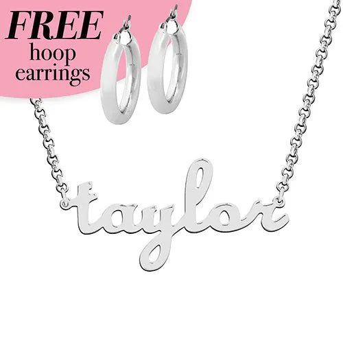 Sterling Silver Lowercase Script Name with Free Hoop Earrings sold by Limoges Jewelry