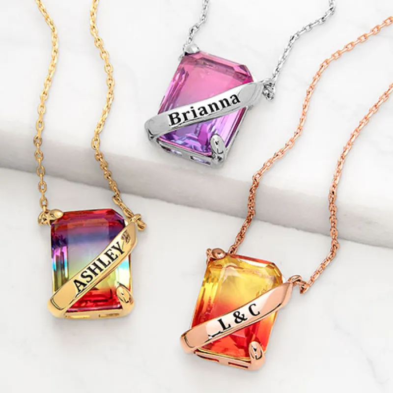 Personalized Banner Iridescent Crystal Emerald cut necklace sold by Limoges Jewelry