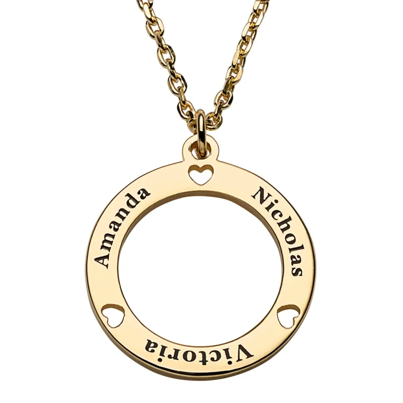 14K Gold over Sterling Petite Engraved Name Circle with Hearts Necklace sold by Limoges Jewelry