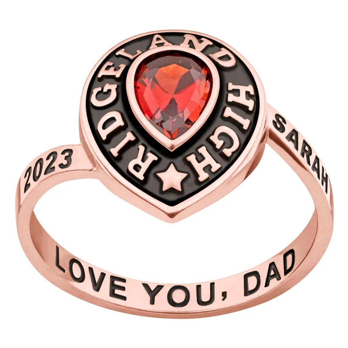 Ladies' 14K Rose Gold over Sterling Pear Birthstone Class Ring sold by Limoges Jewelry