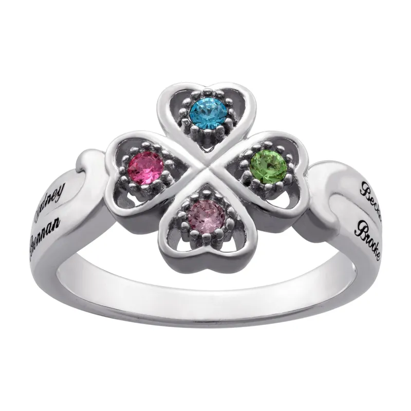 10K White Gold Family 4 Leaf Clover Name & Birthstone Ring sold by Limoges Jewelry