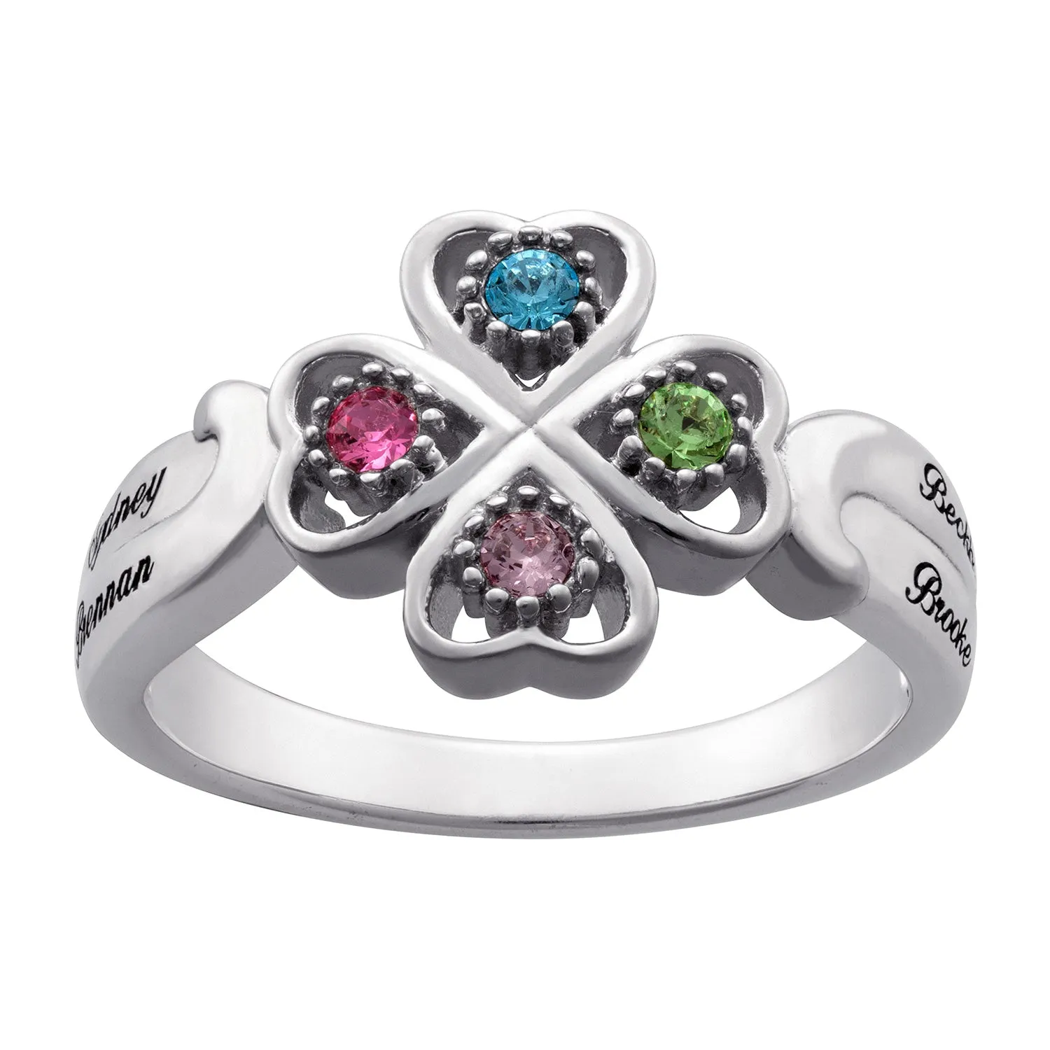 10K White Gold Family 4 Leaf Clover Name & Birthstone Ring sold by Limoges Jewelry