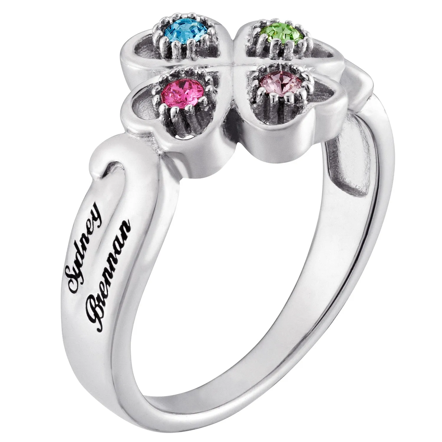 10K White Gold Family 4 Leaf Clover Name & Birthstone Ring sold by Limoges Jewelry product image thumbnail 2