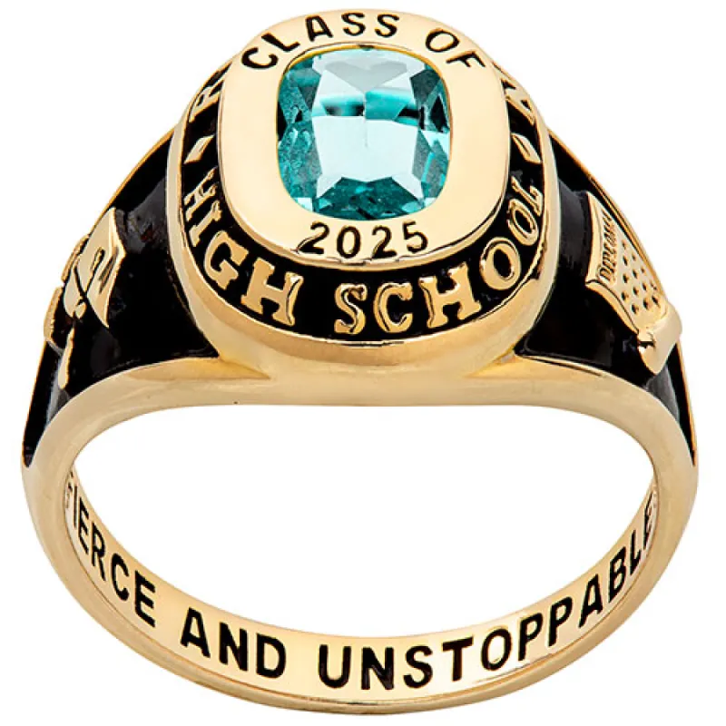 Ladies' 14K Gold Plated Traditional Cushion Birthstone Class Ring sold by Limoges Jewelry