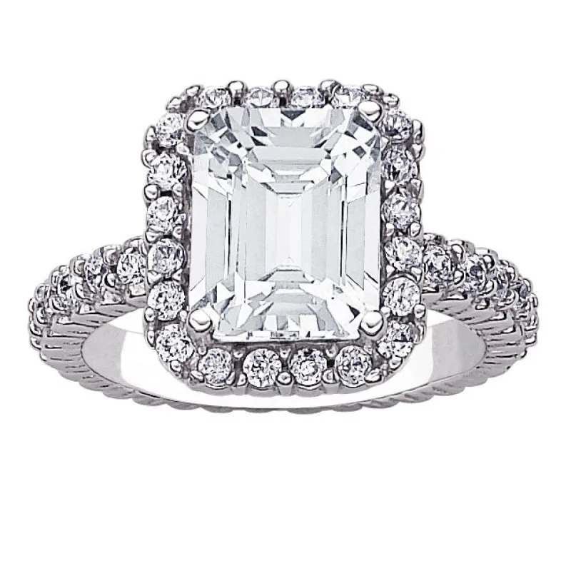Sterling Silver Emerald-cut White Topaz and CZ Surrouond Ring sold by Limoges Jewelry