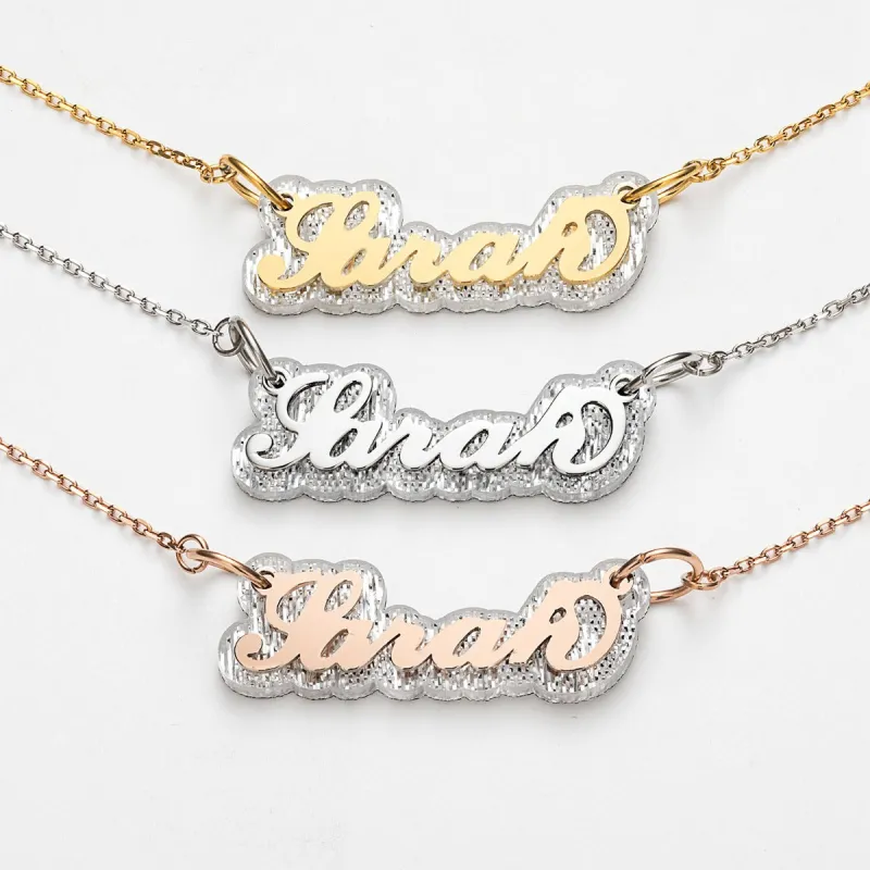 Stainless Steel Name on Clear Glitter Plaque Necklace sold by Limoges Jewelry