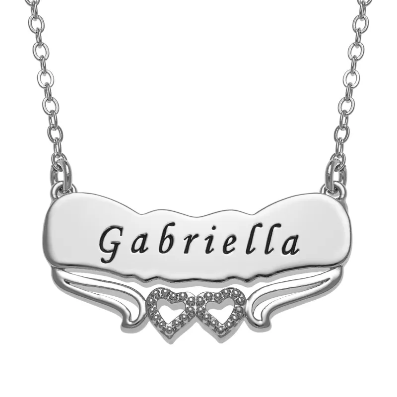 Engraved Name with Double Hearts Plaque Necklace sold by Limoges Jewelry