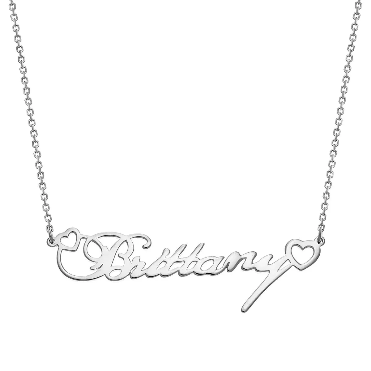 Sterling Silver Fancy Script Name with Hearts Necklace sold by Limoges Jewelry