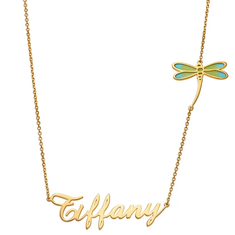 14K Gold Plated Script Name with Enamel Dragonfly Necklace sold by Limoges Jewelry