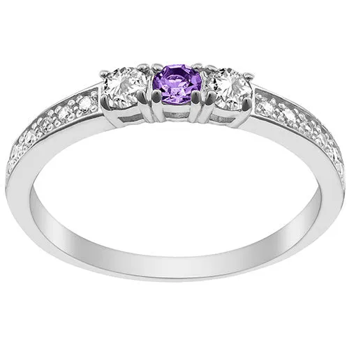 Silver Plated Simulated Amethyst and Clear Crystal 3-Stone Ring sold by Limoges Jewelry