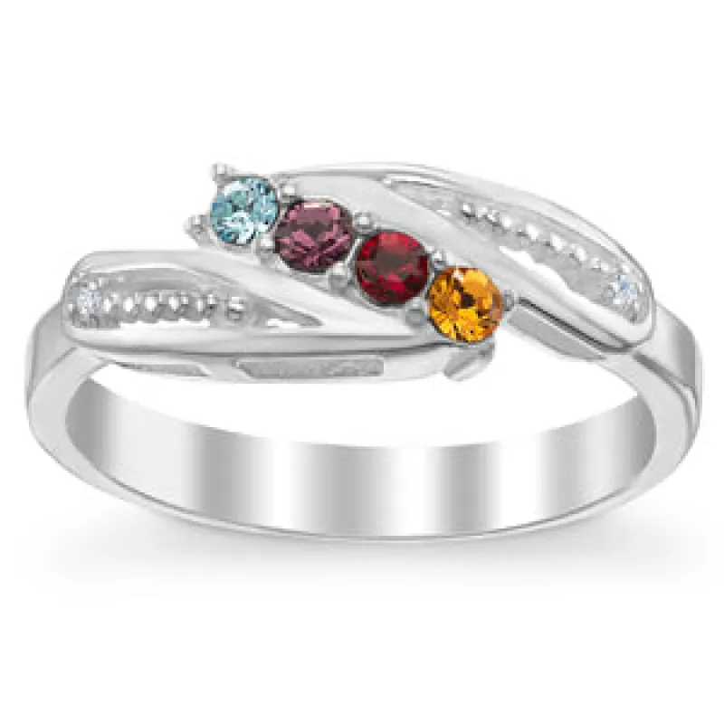 Sterling Silver Mother's 4-Stone Birthstone Ring with Diamond sold by Limoges Jewelry