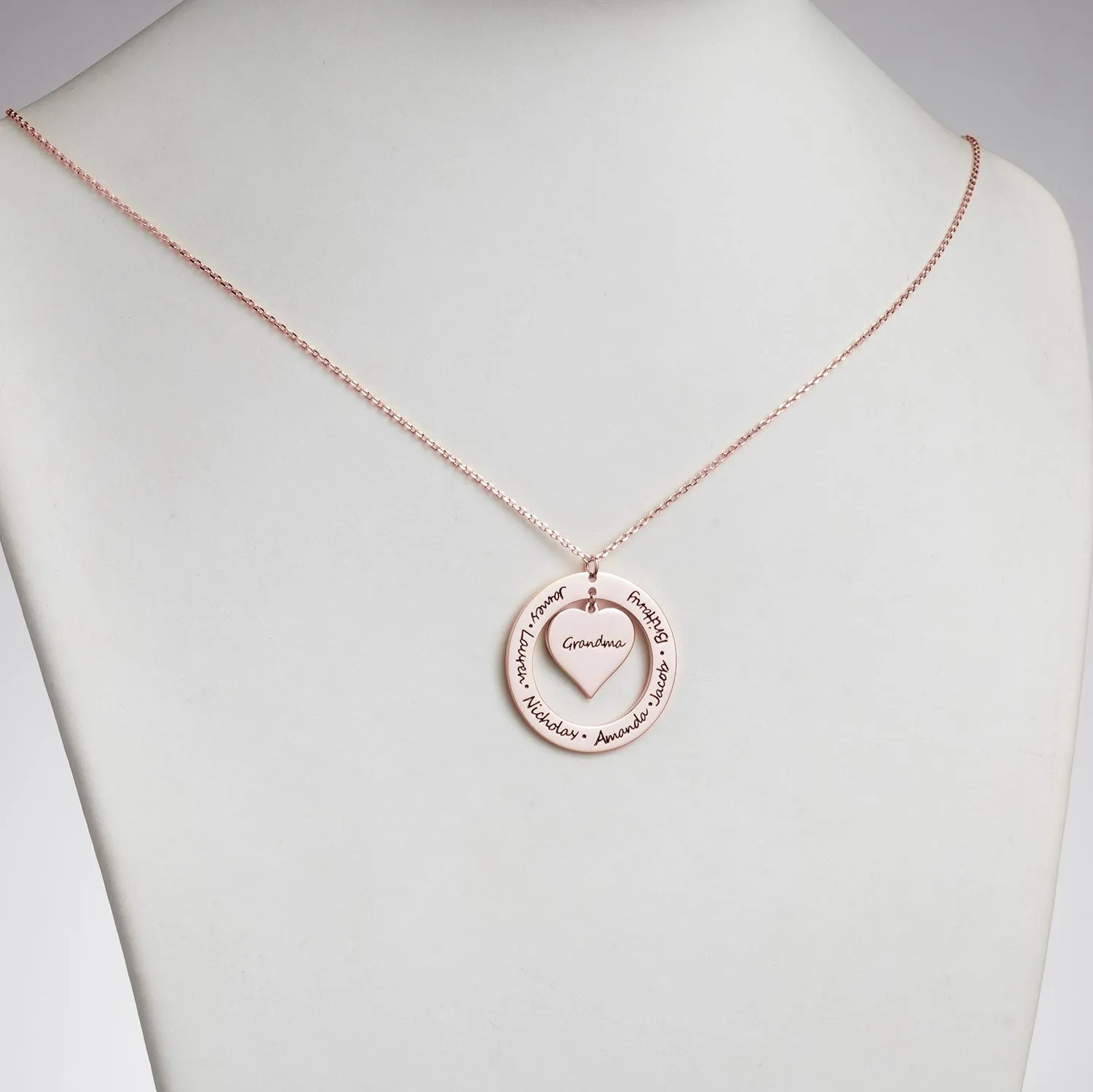 14K Rose Gold Plated Engraved Family Name Heart and Circle Necklace sold by Limoges Jewelry product image thumbnail 2