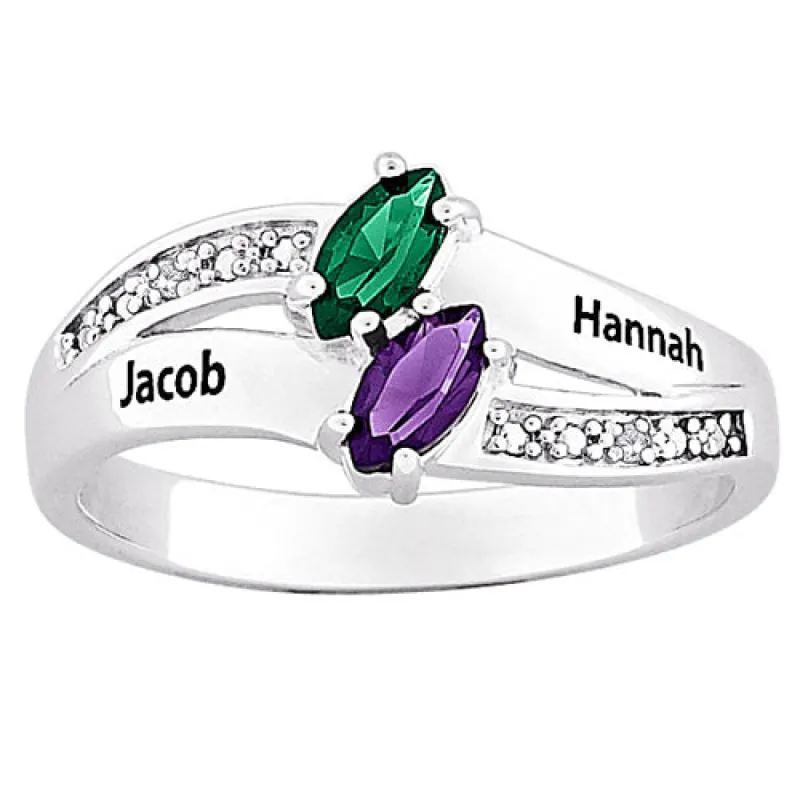 Sterling Silver Couples Marquise Name and Birthstone Ring sold by Limoges Jewelry