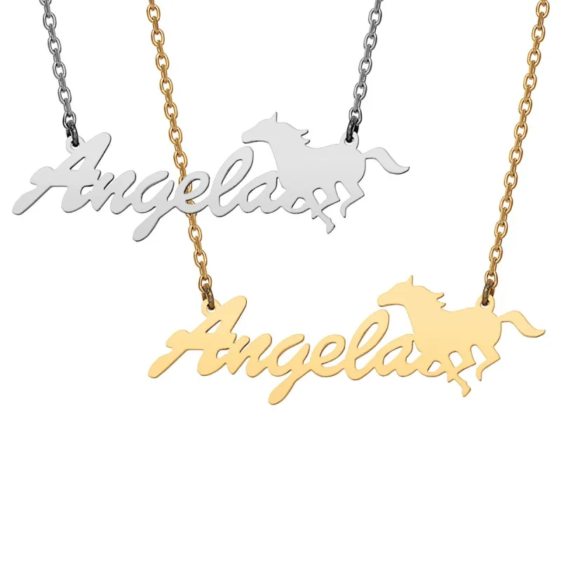 Stainless Steel Script Name with Horse Necklace sold by Limoges Jewelry