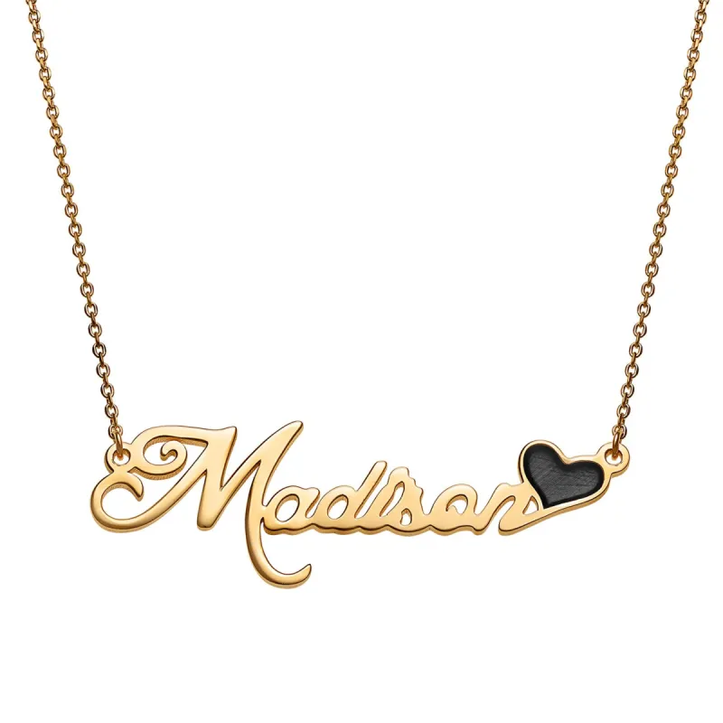 Script Name Plaque Necklace with Black Enamel Heart sold by Limoges Jewelry