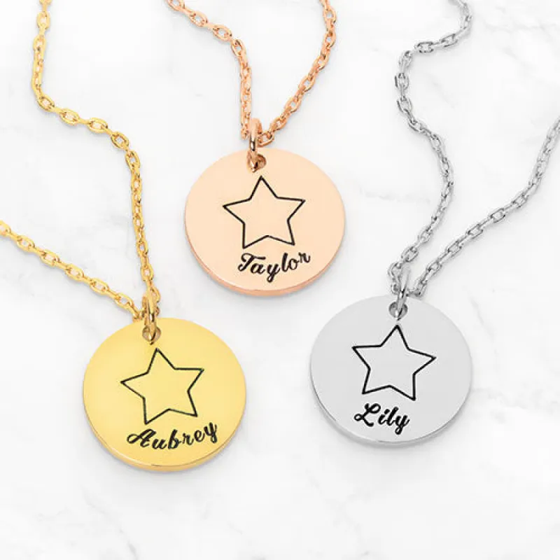 Petite Engraved Name and Star Disc Necklace sold by Limoges Jewelry