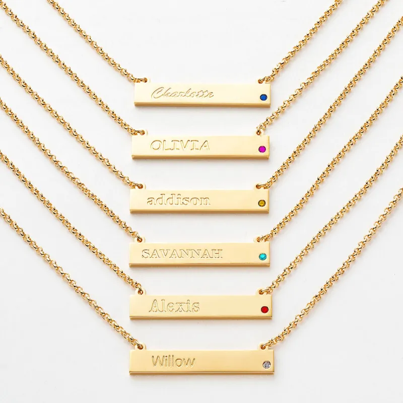 14K Gold Plated Engraved  Name and Birthstone Mini Bar Necklace sold by Limoges Jewelry