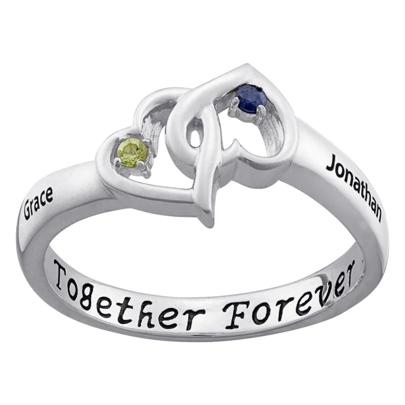 Sterling Silver Couples Intertwined Genuine Birthstone Hearts Name Ring sold by Limoges Jewelry