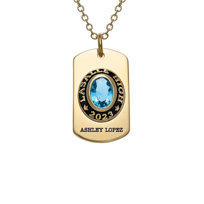 Women's Gold CELEBRIUM  Personalized Oval Cut Birthstone Graduation Dog Tag Pendant sold by Limoges Jewelry