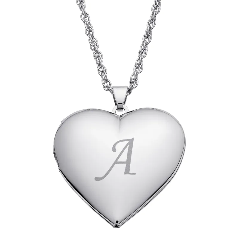 Silver Plated Engraved Initial Large Heart Locket sold by Limoges Jewelry