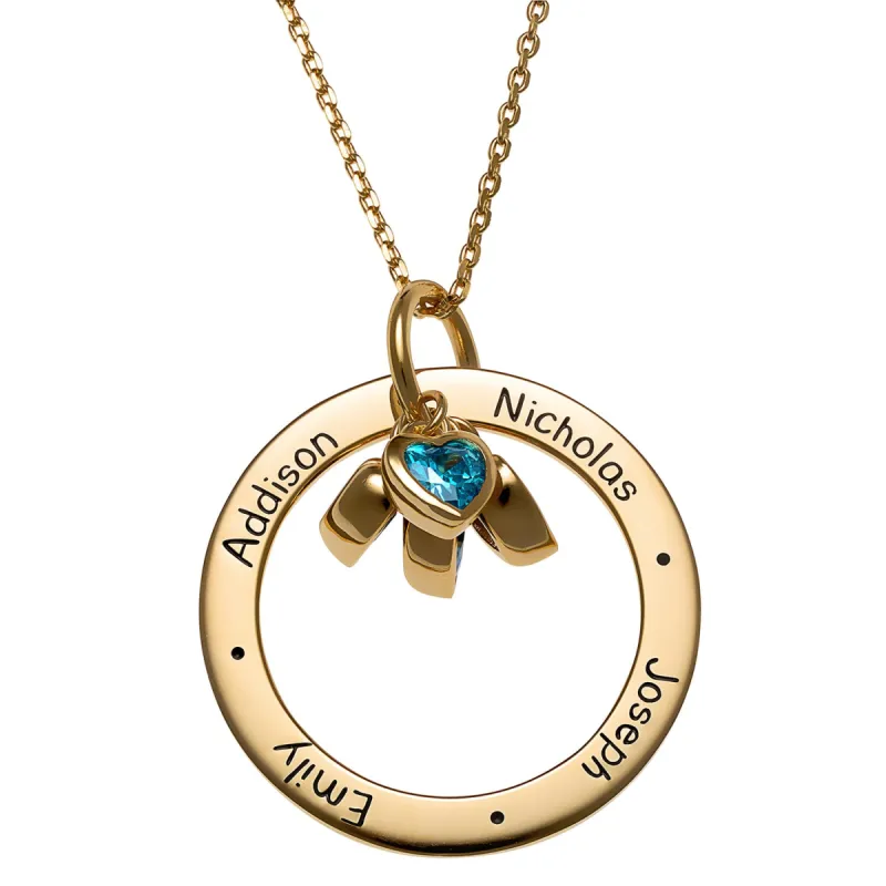 14K Gold over Sterling Engraved Family Names Circle with Heart Birthstones Necklace sold by Limoges Jewelry